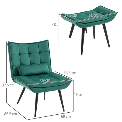Armless Accent Chair w/ Footstool Set, Modern Tufted Upholstered Lounge Chair w/ Pillow, Steel Legs for Living Room, Green