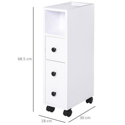 Kleankin Slimline Bathroom Storage Unit w/ 2 Drawers 2 Open Compartments Wheels Handles Freestanding Compact Home Office Furniture White