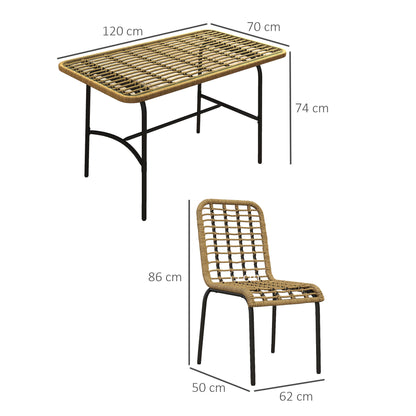 Outsunny 5 Piece Rattan Outdoor Dining Set Patio Conservatory w/ Tempered Glass Tabletop Hollowed-out Design - Natural Wood Finish