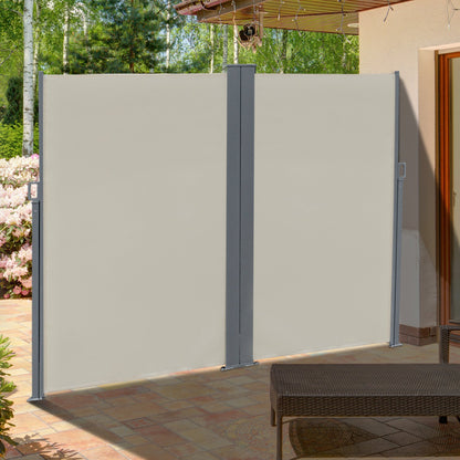 Outsunny Patio Retractable Double Side Awning, Folding Privacy Screen Fence, Privacy Wall Corner Sun Shade Wind Screen Room Divider-Cream White