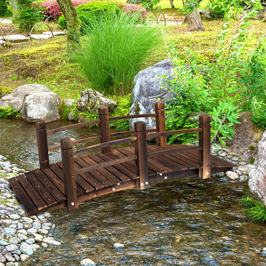Outsunny Wooden Garden Bridge Lawn Décor Stained Finish Arc Outdoor Pond Walkway w/ Railings