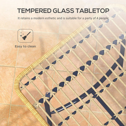 Outsunny 5 Piece Rattan Outdoor Dining Set Patio Conservatory w/ Tempered Glass Tabletop Hollowed-out Design - Natural Wood Finish