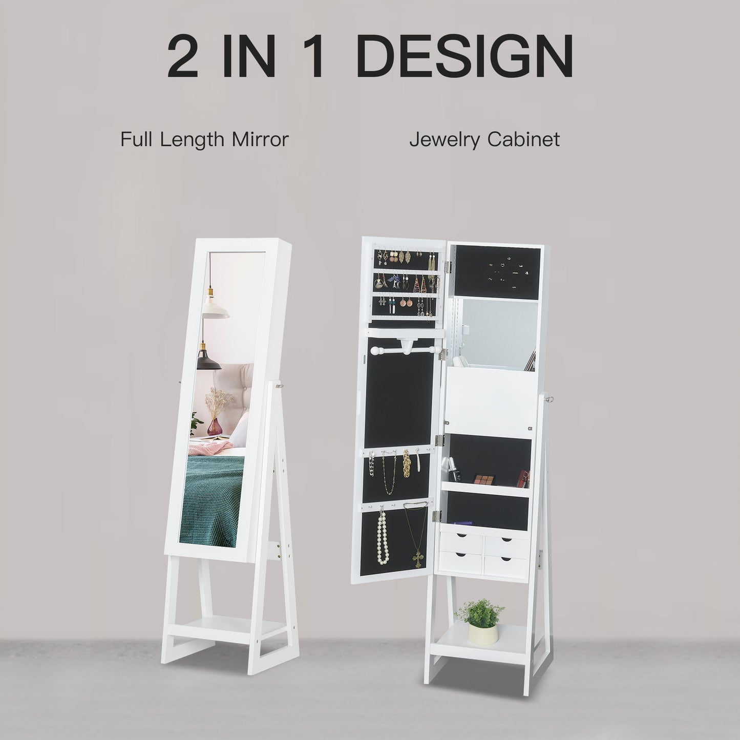 LED Light Jewellery Cabinet Storage Armoire With 2 Mirrors Drawers Hooks Shelves Make-Up Vanity Dresser - White