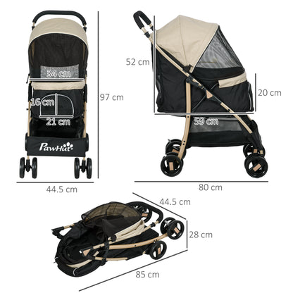 PawHut Oxford Pet Stroller for Small Minature Dogs with Rain Cover Dark Khaki