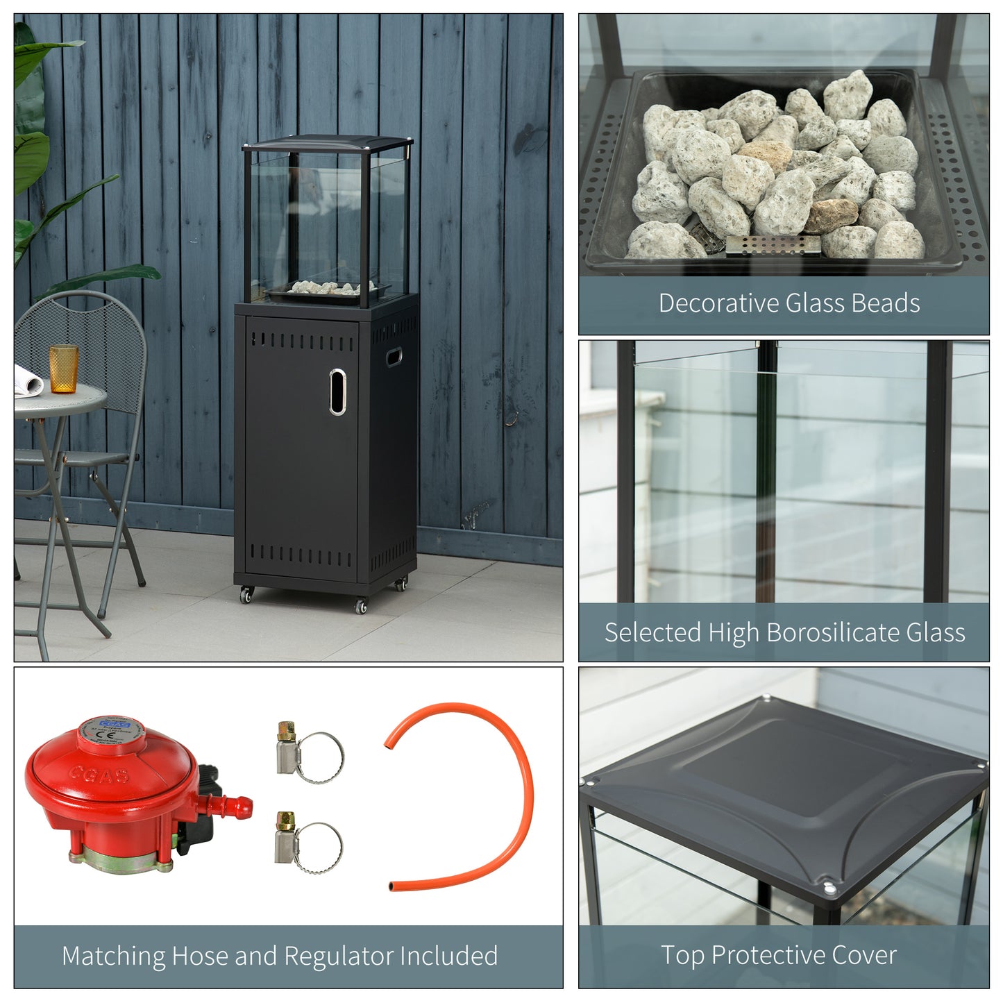 Outsunny 9KW Gas Patio Heater with Lava Rocks, Freestanding Heater Real Flame Propane Heater with Wheels, Dust Cover, Regulator and Hose