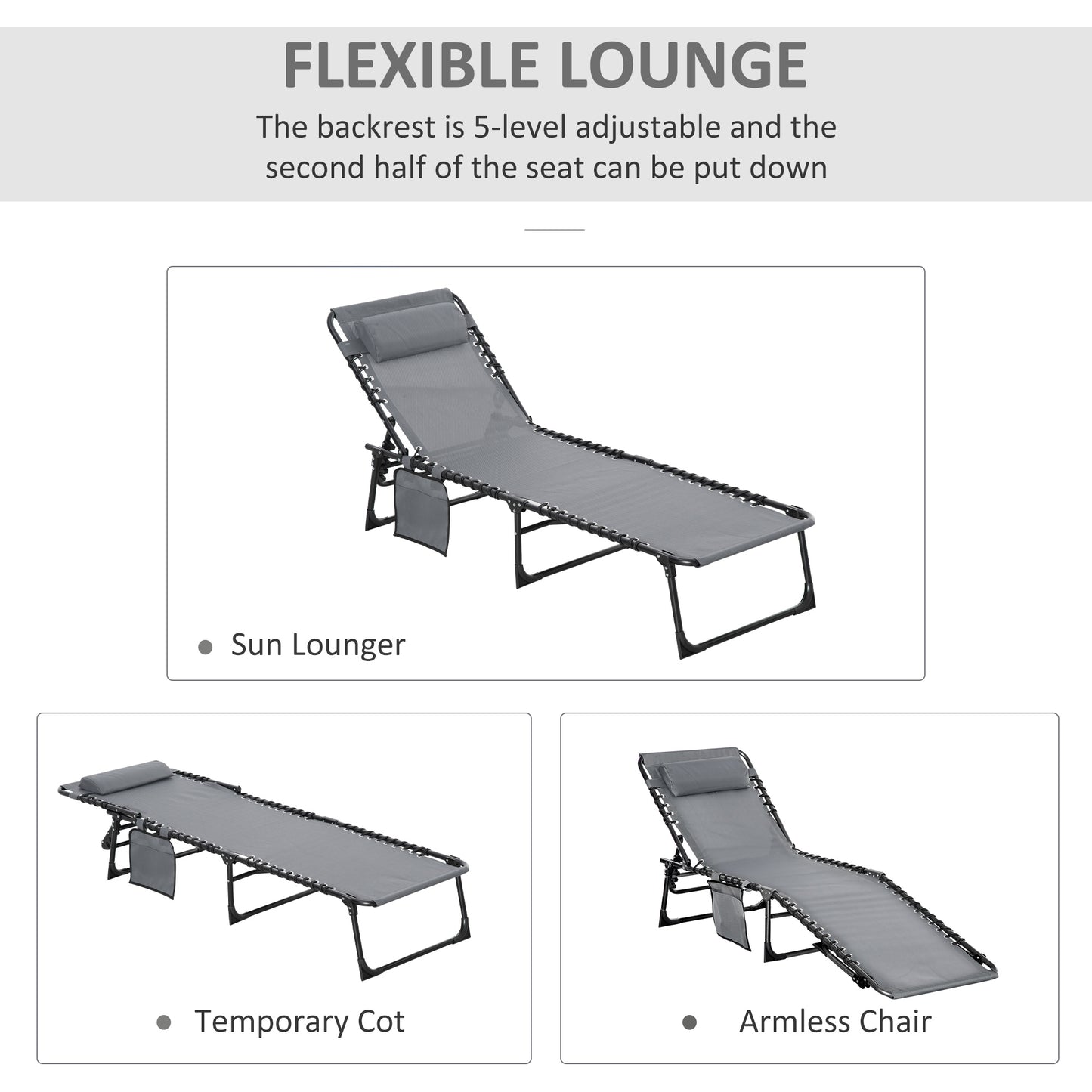 Outsunny Portable Sun Lounger, Folding , Reclining Lounge Chair 5-position Adjustable Backrest with Pillow for Patio Beach Pool, Grey