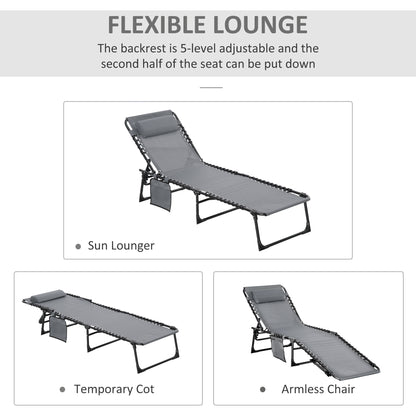 Outsunny Portable Sun Lounger, Folding , Reclining Lounge Chair 5-position Adjustable Backrest with Pillow for Patio Beach Pool, Grey