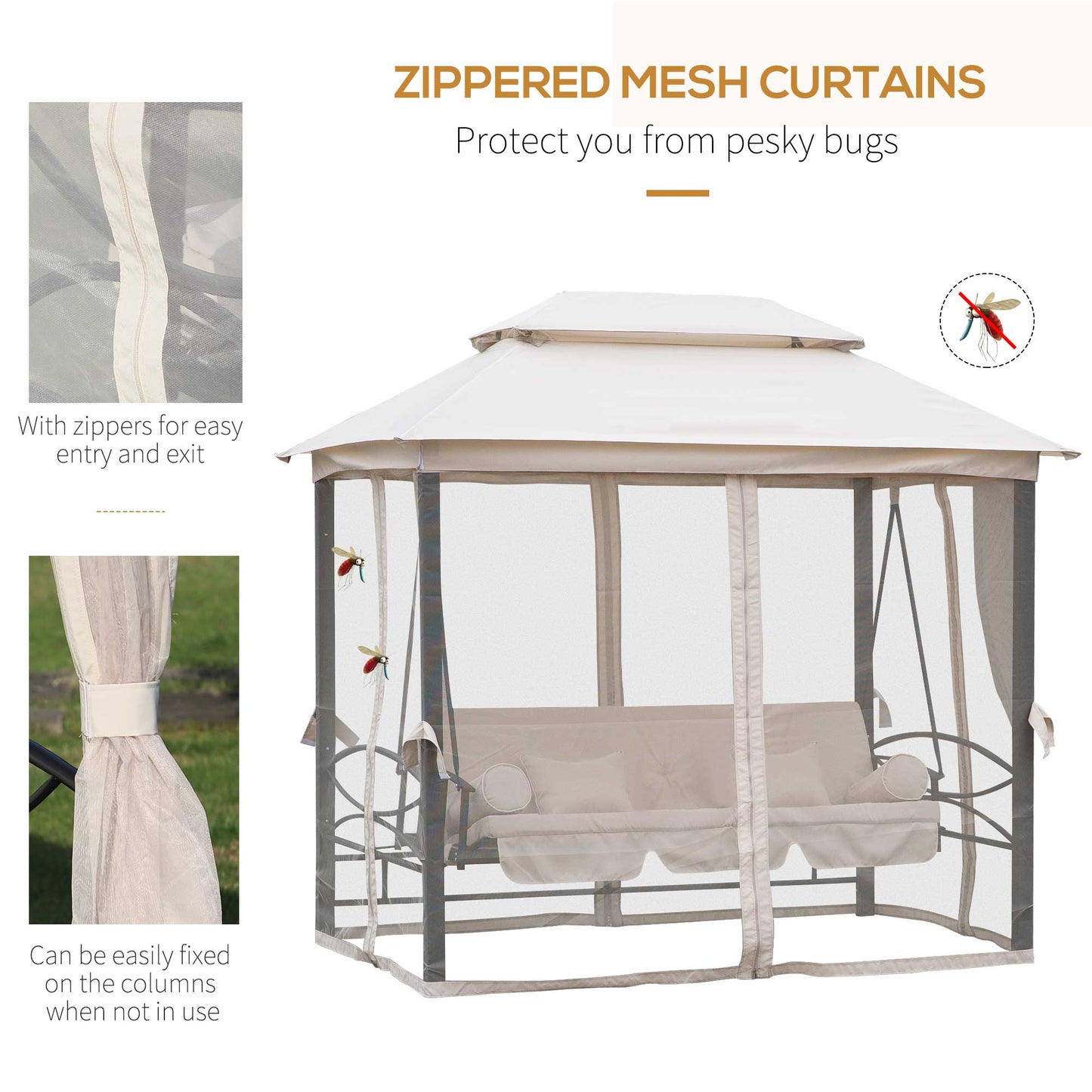 Outsunny Outdoor 2-in-1 Convertible Swing Chair Bed 3 Seater Porch With Nettings