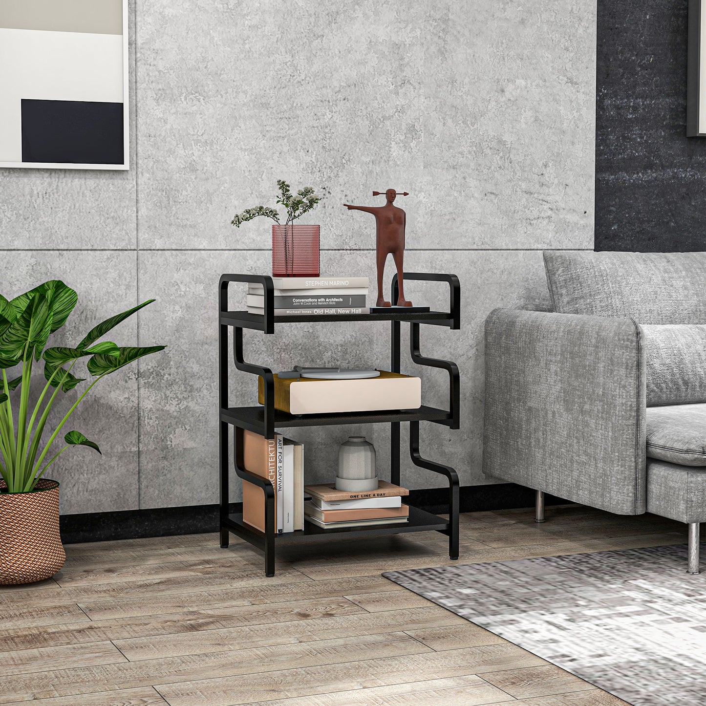3-Tier Storage Shelves, Metal Shelving Unit, Industrial Printer Table for Home Office, Display Rack for Living Room, Black