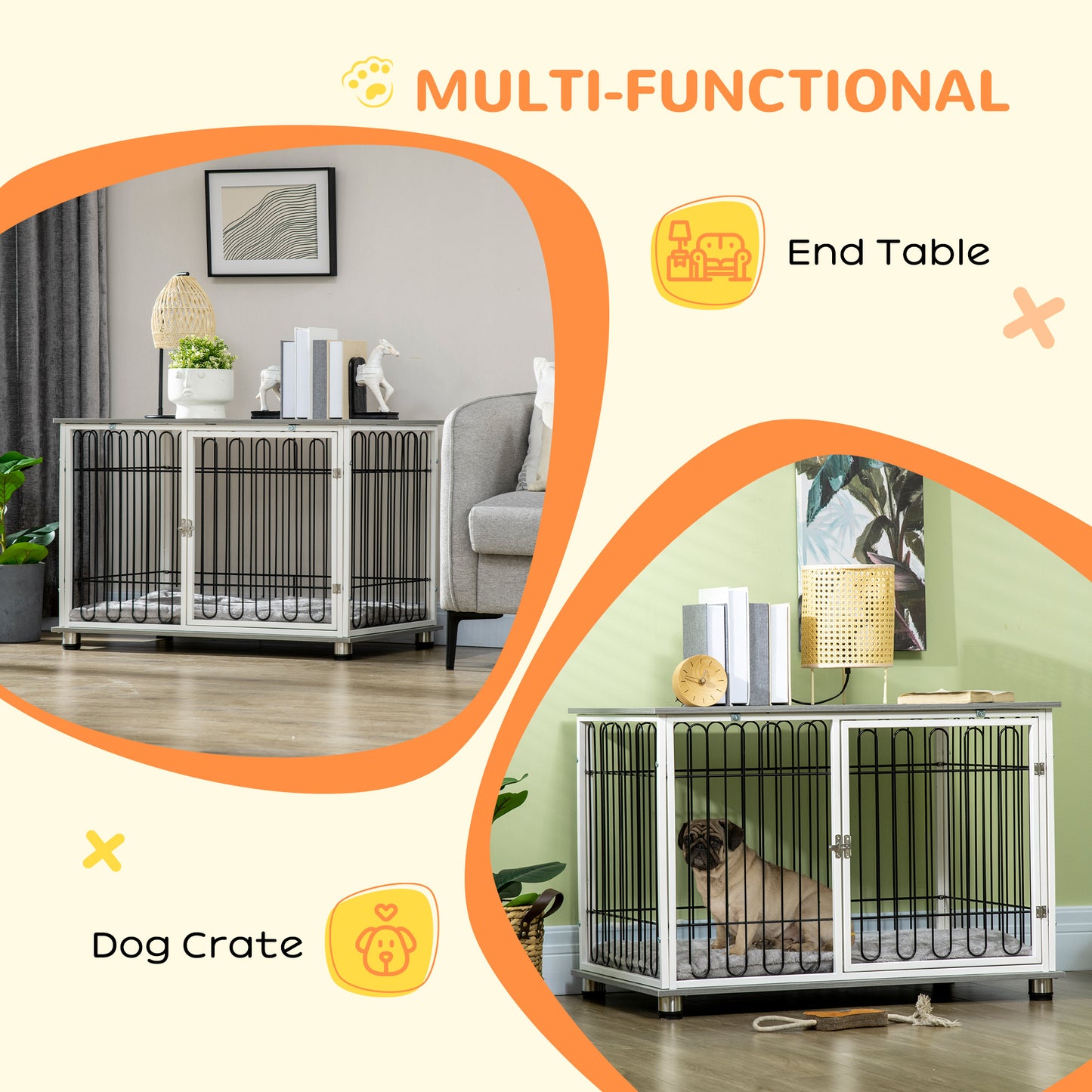 Dog Crate Furniture Side Table | Washable Cushion | Lockable Door | Steel Wire Ventilation | Small & Medium Dogs up to 20kg | 90 x 58 x 62.5cm | Graphite