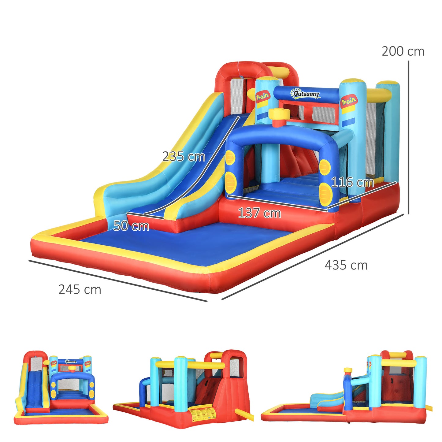 Outsunny 4 in 1 Bouncy Castle, with Slide, Pool, Trampoline, Climbing Wall, Blower - Multicoloured