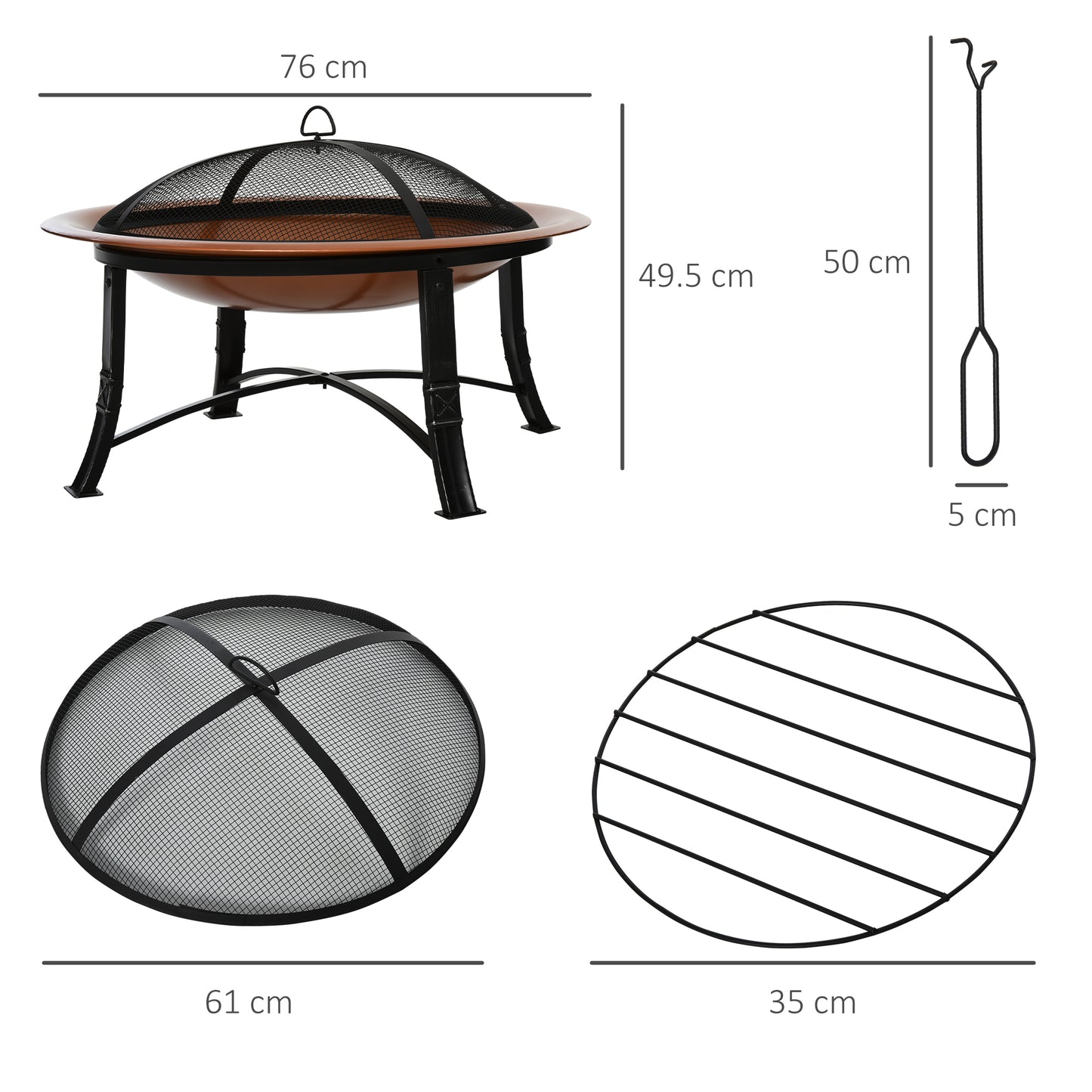 Outsunny Metal Large Firepit Bowl Outdoor Round Fire Pit w/ Lid, Log Grate, Poker for Backyard, Camping, Picnic, Bonfire, 76 x 76 x 49.5cm, Bronze