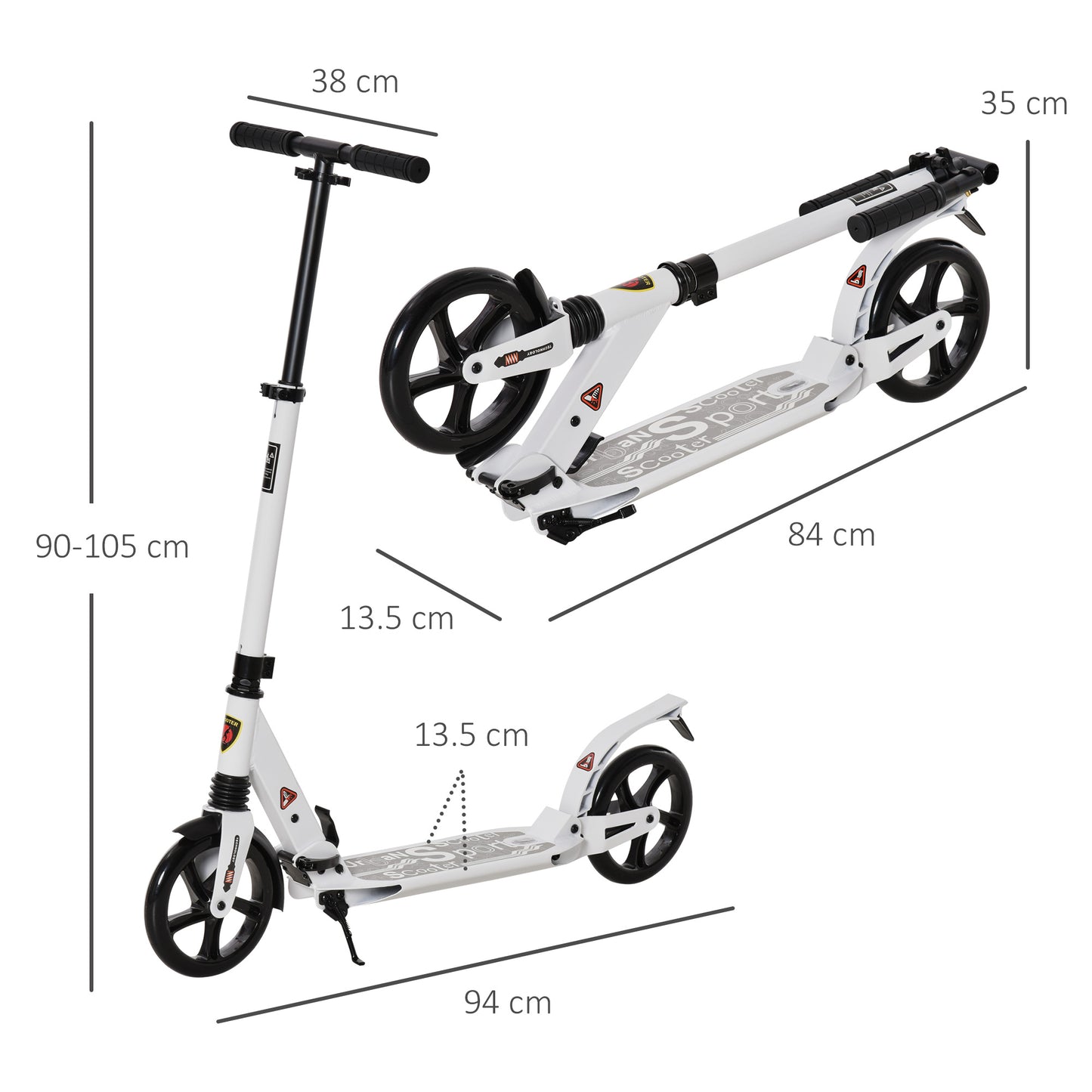 Folding Kick Scooter 2 Big Wheels Teens Adult  14+ Adjustable Ride On White / Black