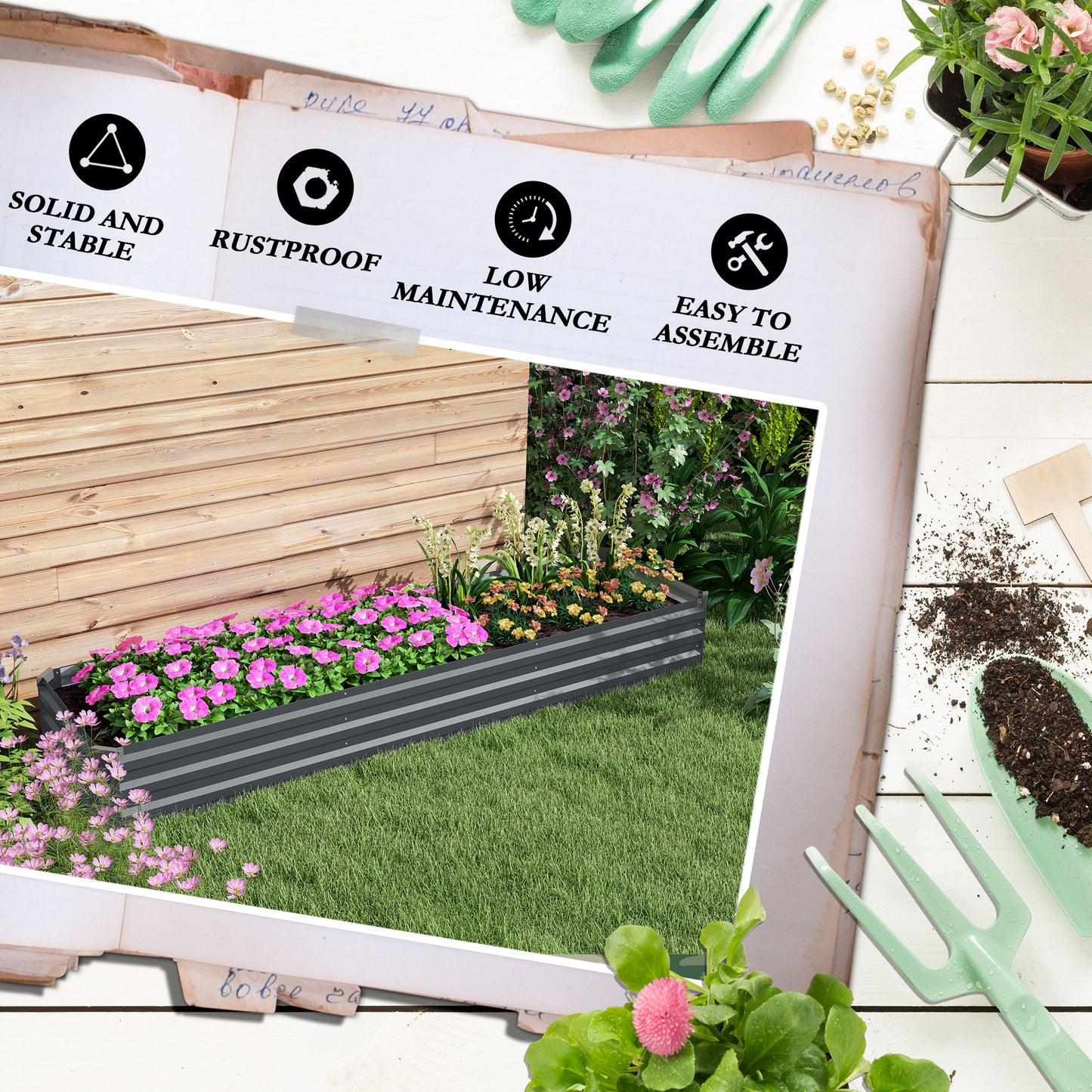 Large Galvanised Steel Raised Garden Bed | Powder-Coated | Open Bottom | Interior Support Brackets | 4 Protective Corners | Flat Safe Top | 240x60x30cm | Flowers Herbs & Veg | Dark Grey