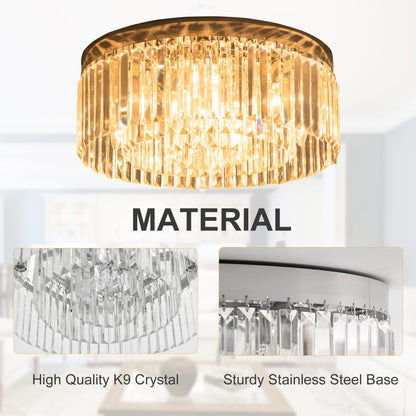 Crystal Ceiling Light Modern Chandeliers w/ Stainless Steel Base 10 Lights Elegant Flush Mount Ceiling Lighting for Living Room, Hallway, Bar