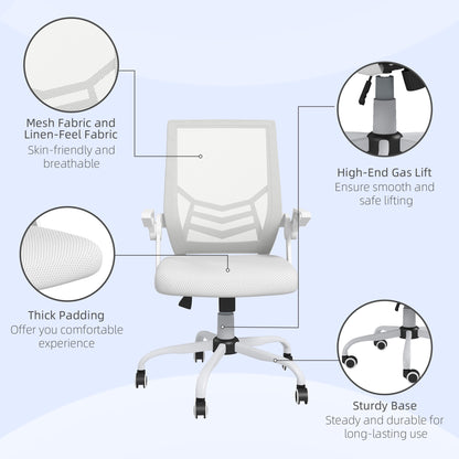 Mesh Office Chair | Flip-Up Armrests | Lumbar Support | Curved Back | Sponge Seat | Rocking Motion | 360° Swivel | 5 Wheels | Height Adjustable 45-55cm | 120kg | White
