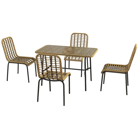 Outsunny 5 Piece Rattan Outdoor Dining Set Patio Conservatory w/ Tempered Glass Tabletop Hollowed-out Design - Natural Wood Finish