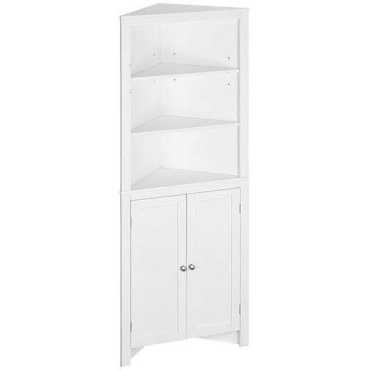 Kleankin Triangle Bathroom Cabinet, Corner Bathroom Storage Unit with Cupboard and 3-Tier Shelves, Free Standing, White