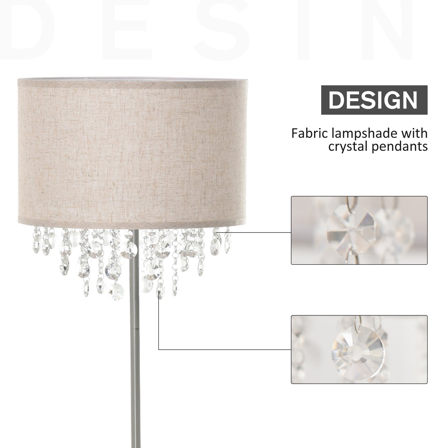 Modern Steel Floor Lamp with Crystal Pendant Fabric Lampshade Floor Switch, Home Style Standing Light, Silver and Cream White