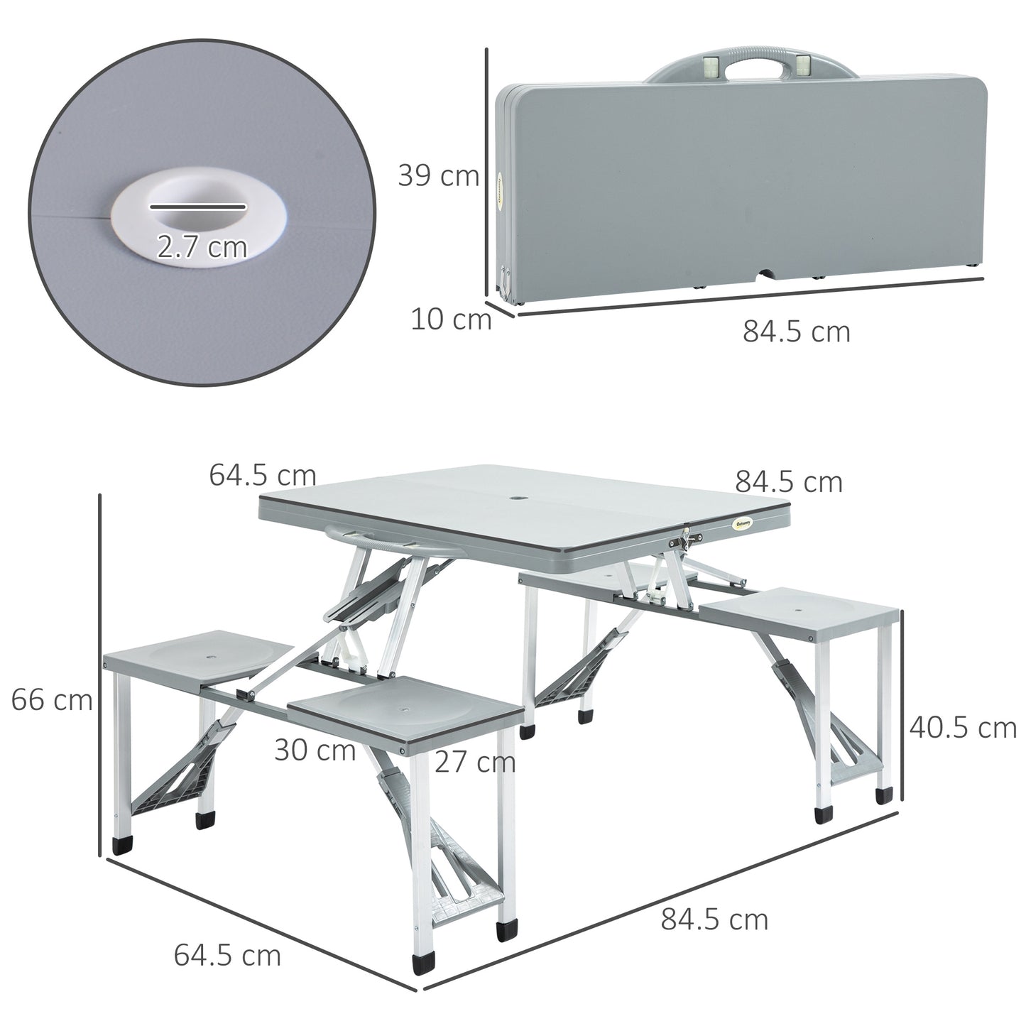Outsunny Portable Foldable Camping Picnic Table with Seats Chairs and Umbrella Hole, 4-Kids Fold Up Travel Picnic Table, Grey