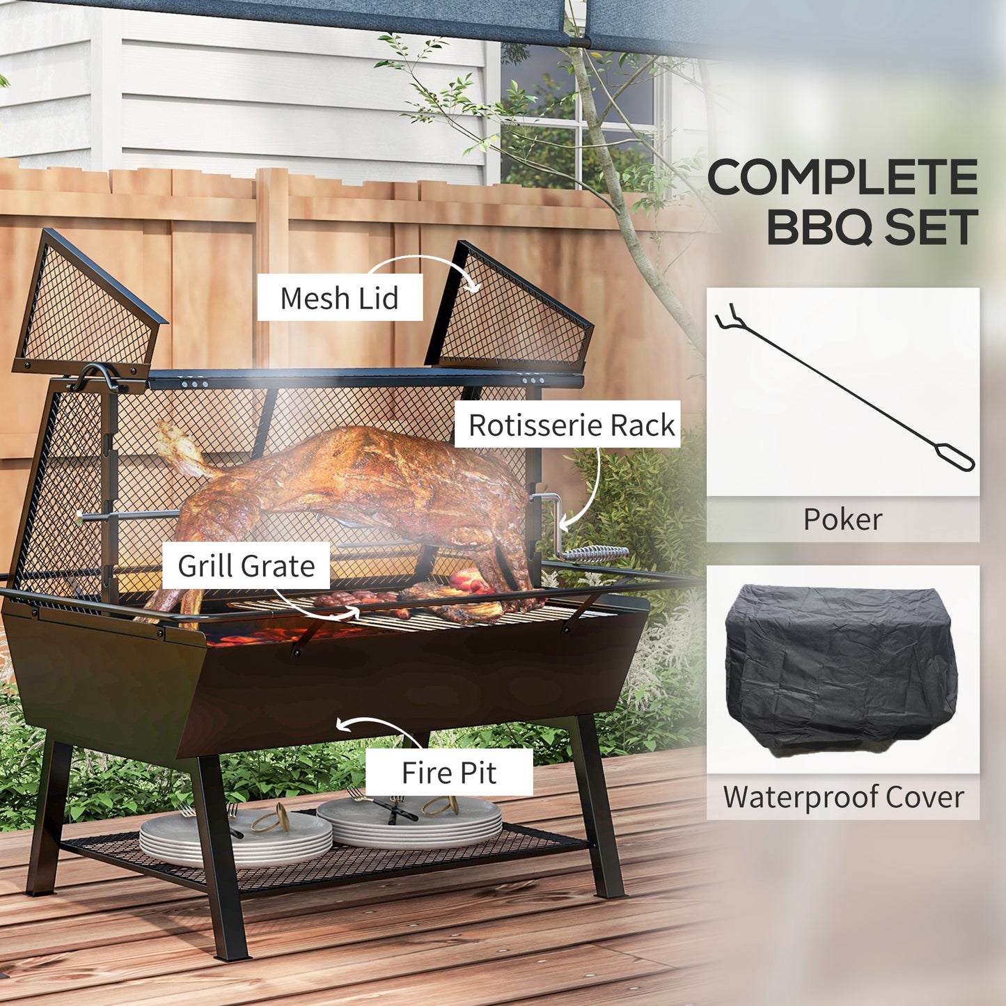 Outsunny 3-in-1 Charcoal Barbecue Grill, Rotisserie Roaster, Fire Pit with Storage Shelf and Mesh Lid