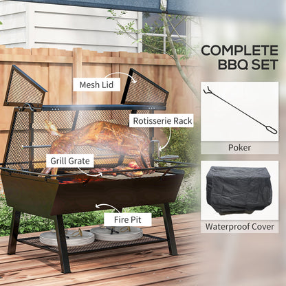 Outsunny 3-in-1 Charcoal Barbecue Grill, Rotisserie Roaster, Fire Pit with Storage Shelf and Mesh Lid