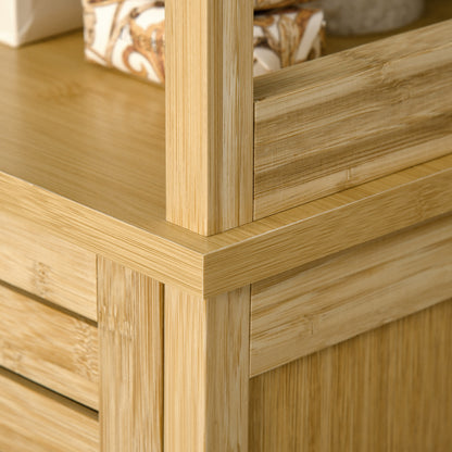 Kleankin Bathroom Floor Cabinet with 3 Shelves and Cupboard, Slim and Freestanding Organiser, Tallboy with Storage, Natural