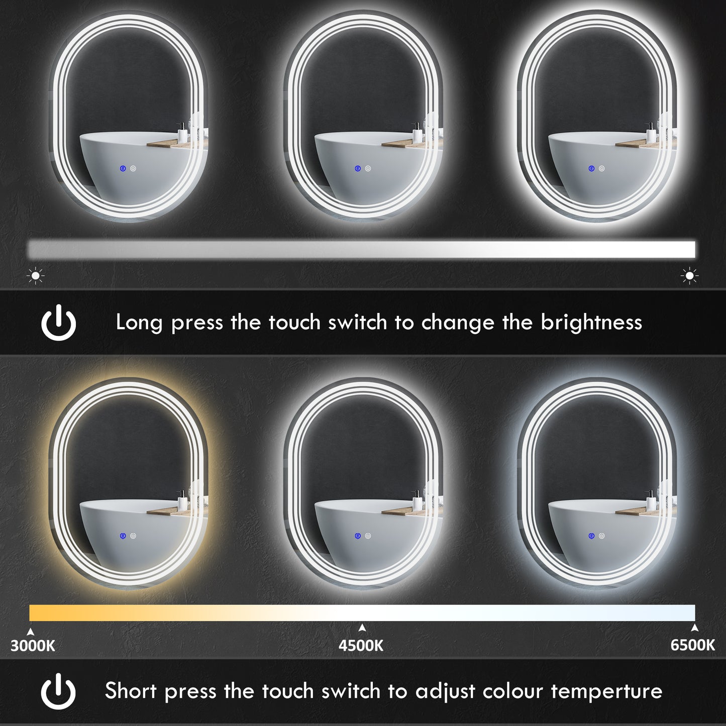 K700 x 500mm Bathroom Mirror with LED Lights Makeup Mirror with Anti-fog Touch, Switch, Vertical or Horizontal