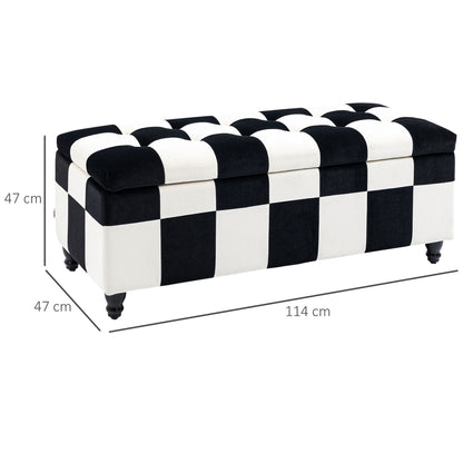 Velvet Storage Ottoman, Button-tufted Footstool Box, Toy Chest with Lid for Living Room, Bedroom, White and Black 114 x 47 x 47cm