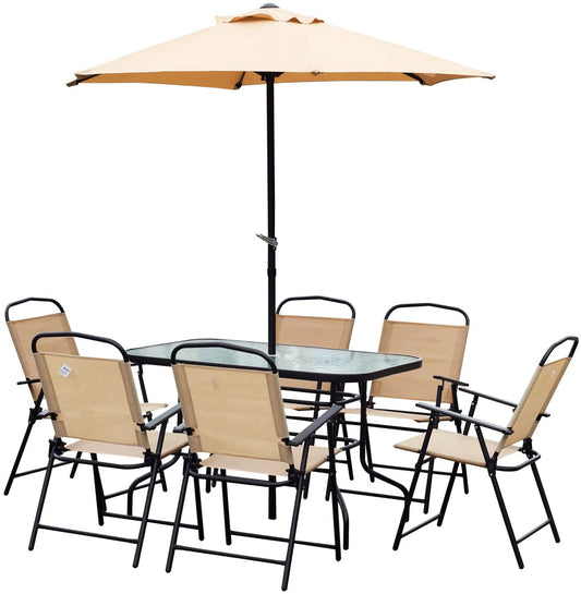 Outsunny 8 Piece Dining Set W/Umbrella, Textilene-Beige