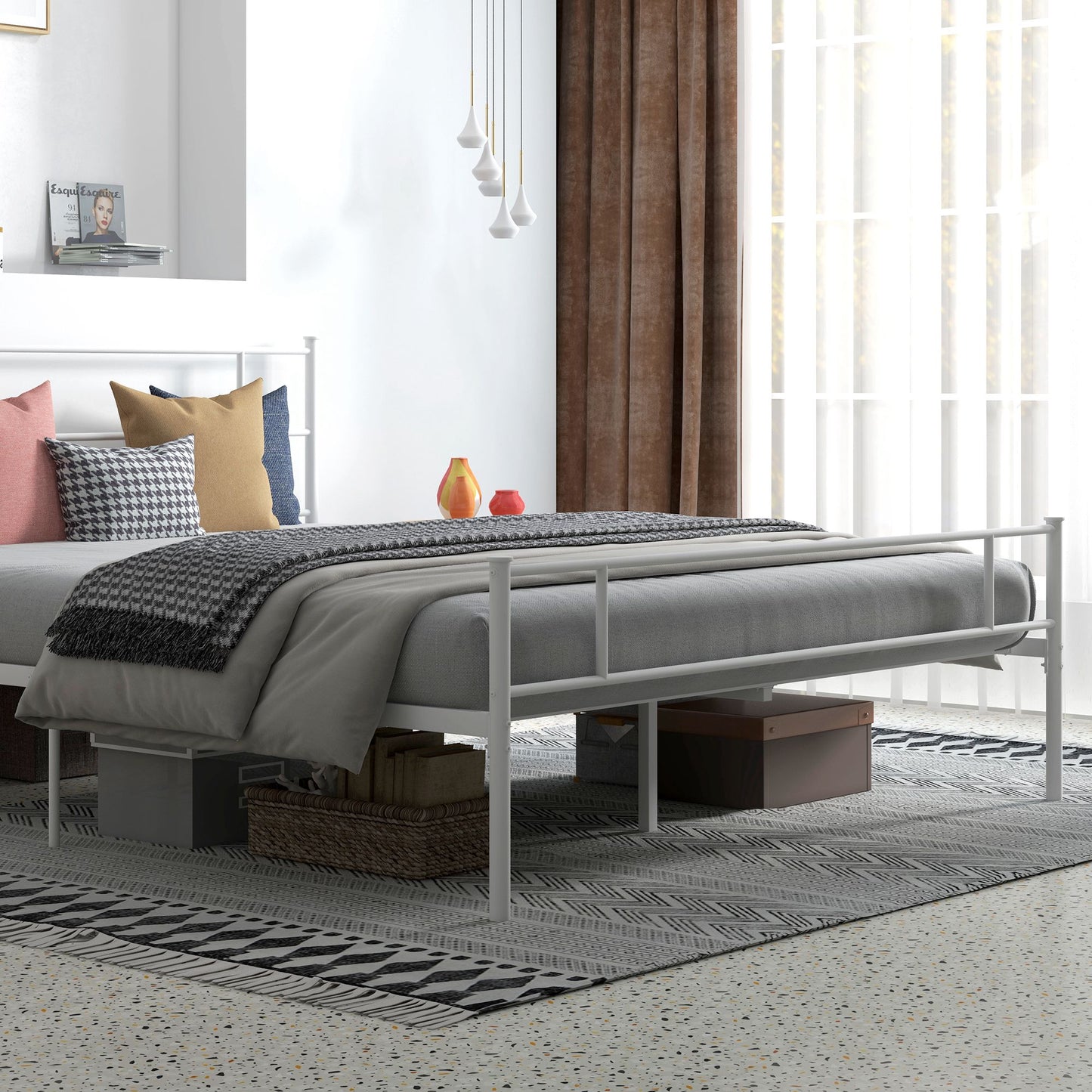King Bed Frame, Metal Bed Base with Headboard and Footboard, Metal Slat Support and 31cm Underbed Storage Space