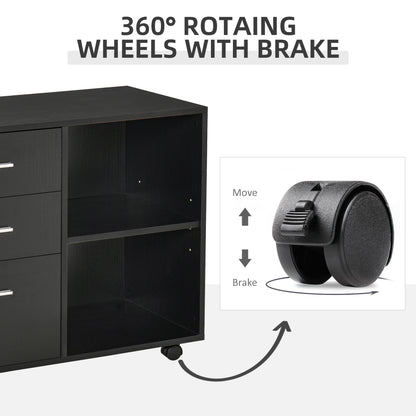 Freestanding Printer Stand Unit Office Desk Side Mobile Storage w/ Wheels 3 Drawers, 2 Open Shelves Modern Style 80L x 40W x 65H cm - Black
