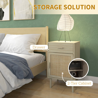 Set of 2 Bedside Rattan Side Tables W/ Drawer, Cabinet, Adjustable Shelf W/ Storage for Bedroom, Living Room, Natural Wood Effect