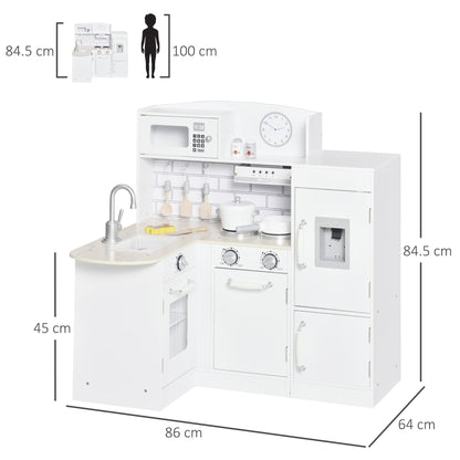 Kids Play Kitchen Wooden Toy Kitchen Cooking Set for Children with Drinking Fountain, Microwave, and Fridge White