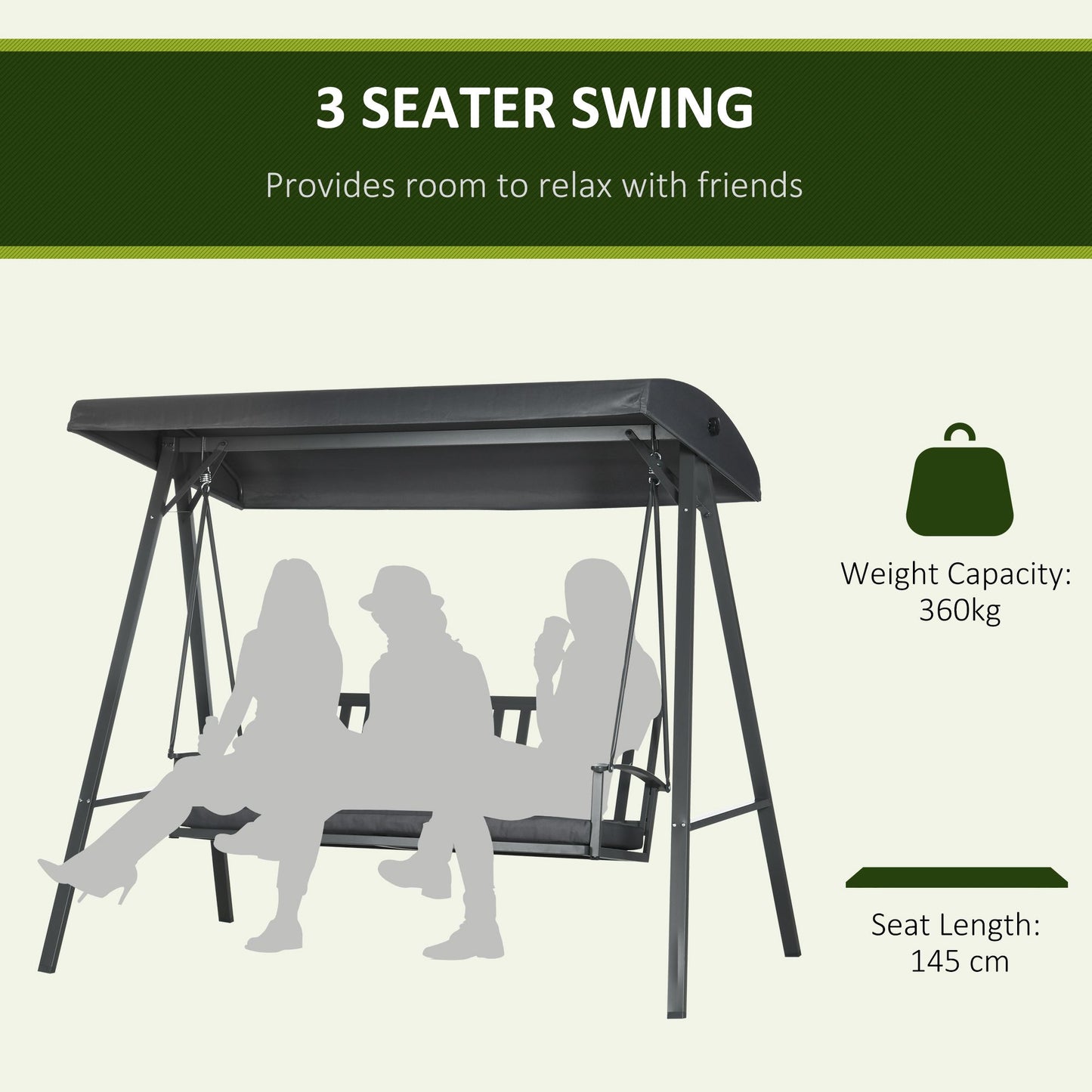 Outsunny 3-Seat Garden Swing Chair, Outdoor Canopy Swing with Removable Cushion, Adjustable Shade, and Slatted Bench, for Porch, Poolside, Dark Grey