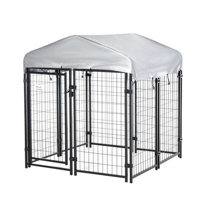 Outdoor Dog Kennel, Dog Run W/ UV-Resistant Canopy & Lockable Design, Metal Playpen Fence for Small and Medium Dogs, 120 x 120 x 138 cm