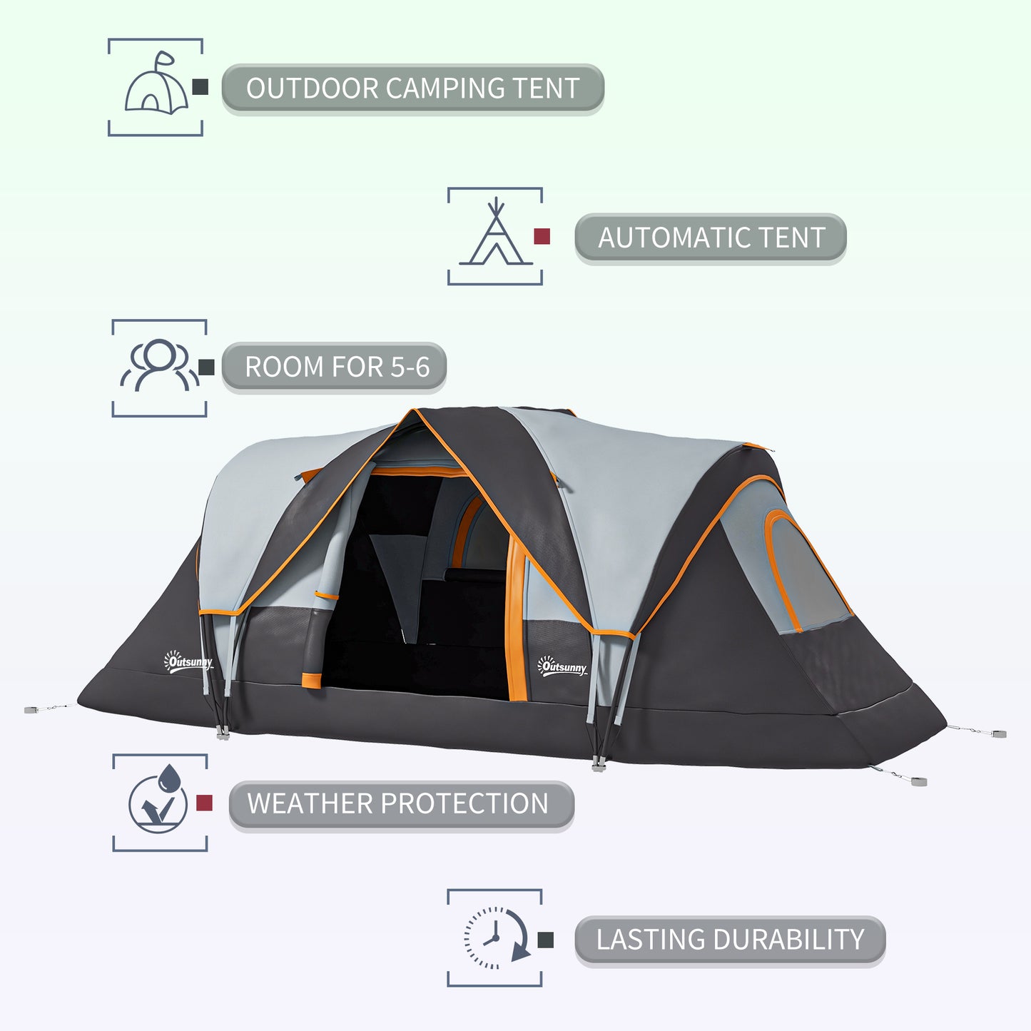 Outsunny 5-6 Man Dome Camping Tent Hiking Shelter UV Protection 3000mm Water Resistant Tunnel Tent - Multicolor