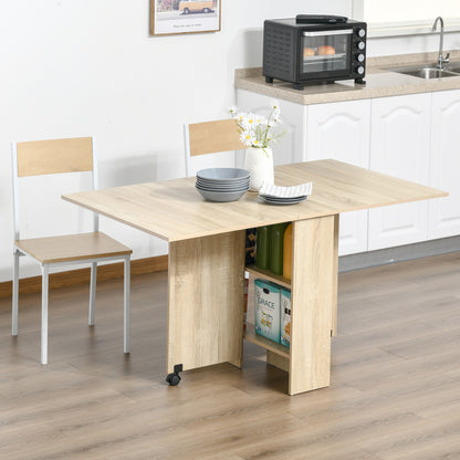 Mobile Drop Leaf Dining Kitchen Table Folding Desk For Small Spaces With 2 Wheels & 2 Storage Shelves Oak