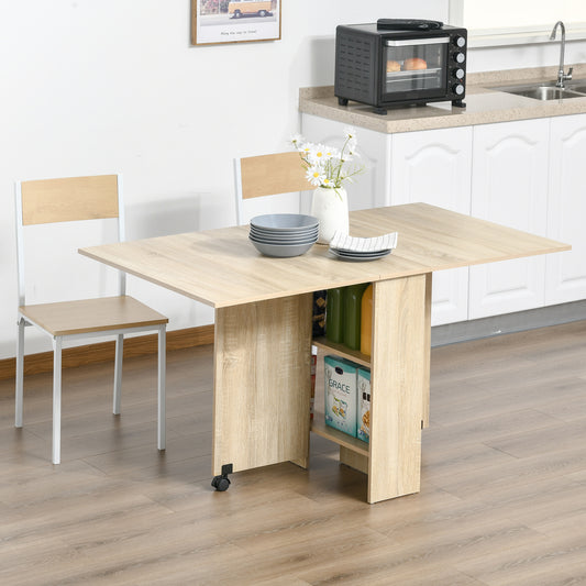 Mobile Drop Leaf Dining Kitchen Table Folding Desk For Small Spaces With 2 Wheels & 2 Storage Shelves Oak