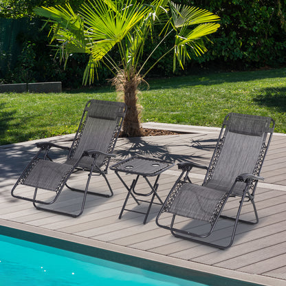 Outsunny 3 Piece Folding Zero Gravity Chairs Sun Lounger Table Set w/ Cup Holders Reclining Garden Yard Pool, Light Grey