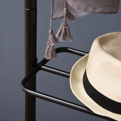 Clothes Rail, Bamboo Coat Stand, Garment Rack with Open Shelves and Fabric Storage Box for Bedroom, Hallway, Dark Walnut