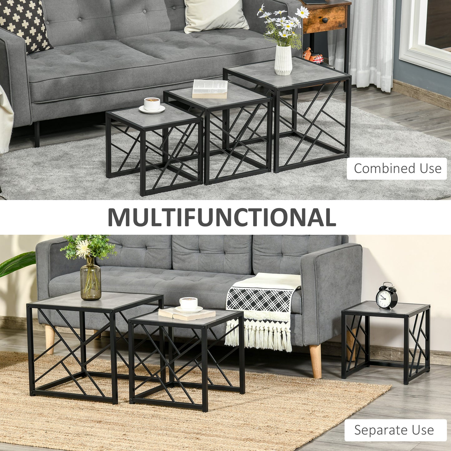 Set of 3 Nest of Tables, Square Side Tables with Black Metal Frame, for Living Room, Bedroom and Office, Grey