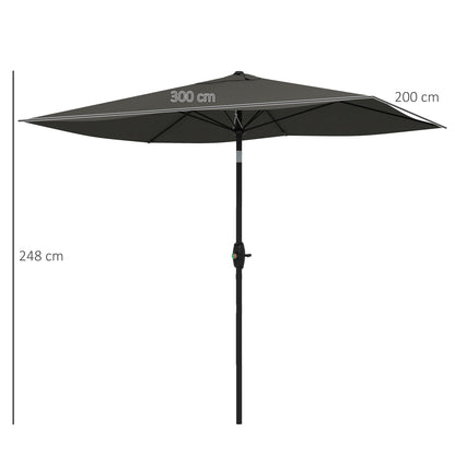 2 x 3(m) Garden Parasol Umbrella, Rectangular Outdoor Market Umbrella Sun Shade With Crank & Push Button Tilt, 6 Ribs - Dark Grey