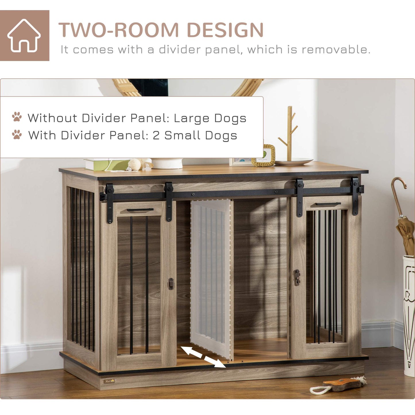 Dog Crate Furniture Side Table | Removable Divider | Double Sliding Doors | Large Dog or 2 Small Dogs | 120 x 60 x 88.5cm | Oak Tone