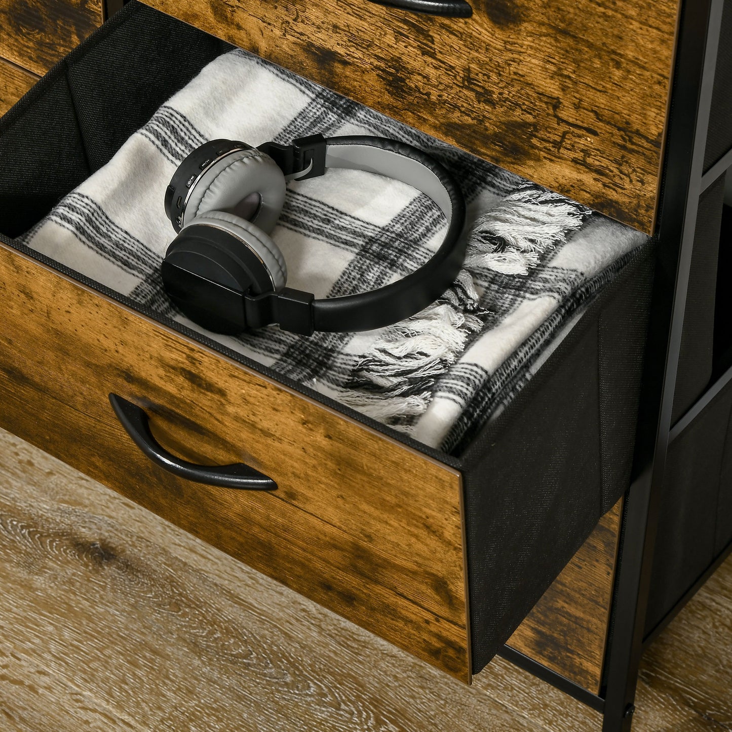 Chest of Drawers For Bedroom Industrial 5 Fabric Drawer Dresser with Open Shelf for Living Room, Rustic Brown