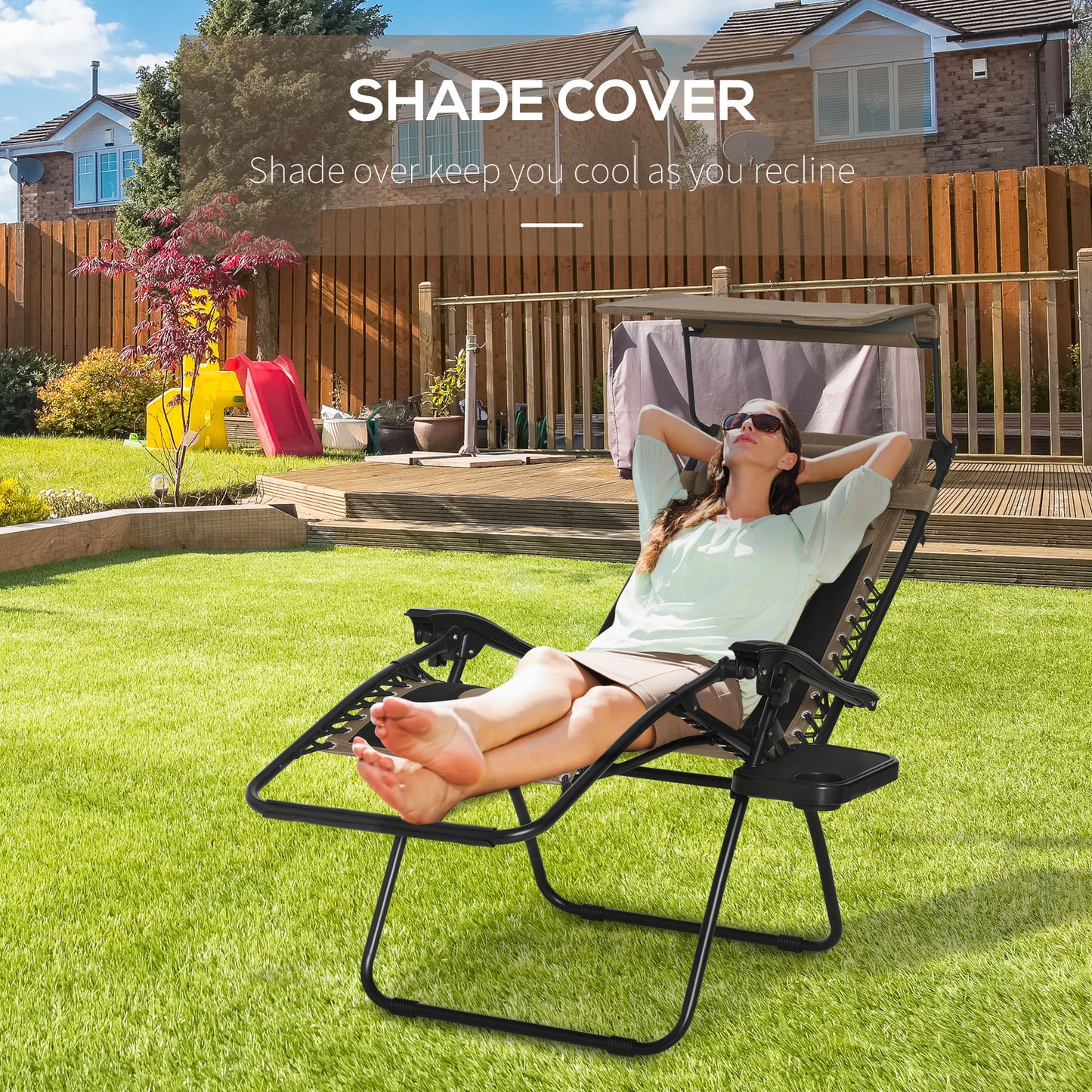 Outsunny Zero Gravity Lounger Chair, Folding Reclining Patio Chair with Shade Cover, Cup Holder and Headrest for Poolside, Camping, Brown