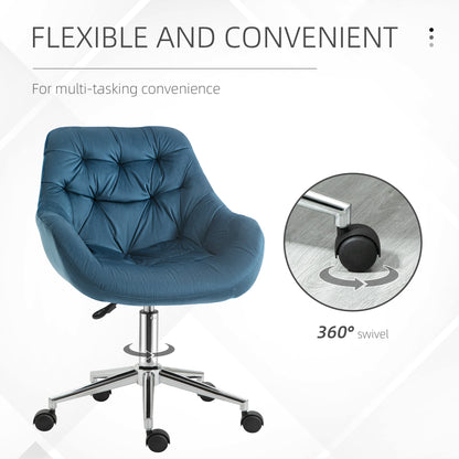 Velvet Office Chair | Button Tufted Curved Design | Padded Back & Armrests | 360° Swivel | 5 Wheels | Height Adjustable 44-54cm | 120kg | Blue