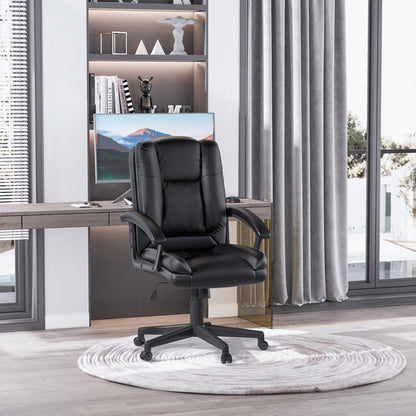 Swivel Executive Office Chair Mid Back Faux Leather Computer Desk Chair for Home with Double-Tier Padding, Arm, Wheels, Black