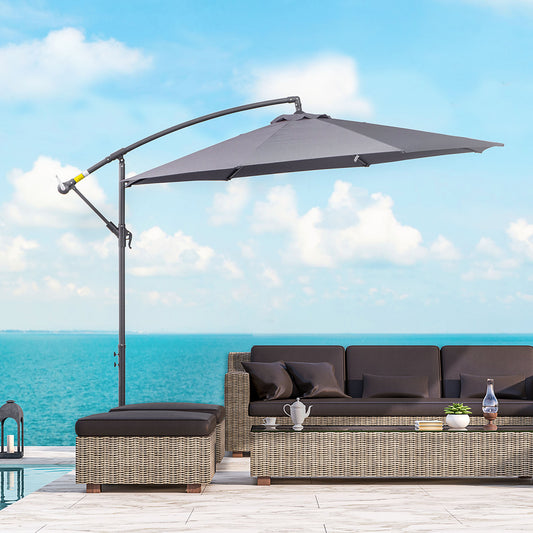 3 Metre Garden Banana Parasol Cantilever Umbrella with Crank Handle and Cross Base, 8 Ribs for Outdoor, Hanging Sun Shade, Grey