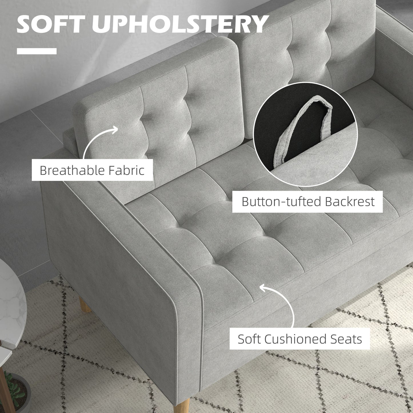Modern 2 Seater Sofa with Hidden Storage, 117cm Tufted Cotton Couch, Compact Loveseat Sofa with Wood Legs, Light Grey